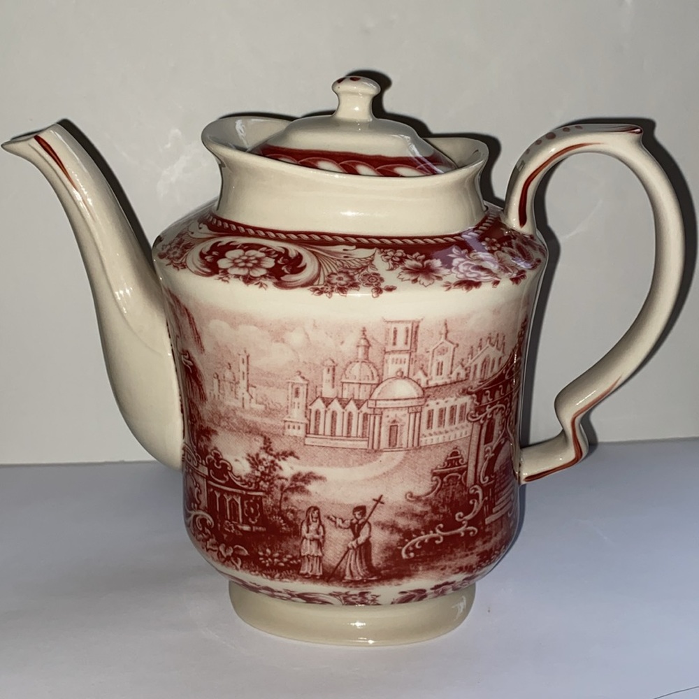 Red transfer ware vintage Venetian ceramic teapot Allen Gardens.